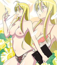 bapio blonde_hair bra breasts highschool_of_the_dead large_breasts lingerie long_hair nipples panties school_nurse shizuka_marikawa syringe underwear zoom_layer