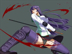 1girls beltskirt blood blue_eyes blush boots breasts female highschool_of_the_dead katana lace-trimmed_thighhighs large_breasts long_hair long_legs panties purple_hair purple_legwear saeko_busujima school_uniform skirt solo sword thighhighs thighs toki_(artist) underwear upskirt weapon