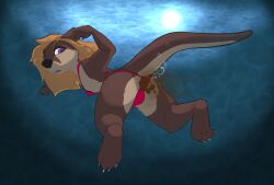 anthro ara_bedivere areola ass bikini bikini_thong breasts claws clothing fart fart_bubbles feces feet female hair hi_res katlin looking_back lutrine mammal membrane_(anatomy) mustelid presenting presenting_hindquarters purple_eyes raised_tail rear_view river_otter scat scat solo swimming swimwear thick_tail toes underwater water webbed_hands