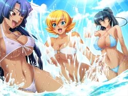 3girls :d ;d ^_^ alternate_hairstyle bandeau bangs bare_shoulders big_breasts bikini blonde_hair blue_eyes blue_hair blunt_bangs breasts busty cleavage closed_eyes cloud covered_erect_nipples curvy day female female_focus female_only front-tie_top game_cg green_eyes halterneck hand_on_head happy highres hime_cut huge_breasts igawa_asagi igawa_sakura kagami_hirotaka light_rays lilith-soft long_hair lowleg lowleg_bikini mature mature_female micro_bikini milf multiple_girls navel one_eye_closed open_mouth outdoors outstretched_hand parted_bangs ponytail red_eyes shiny shiny_skin short_hair side-tie_bikini sideboob sky smile spiked_hair splashing standing sunbeam sunlight swimsuit tagme taimanin_(series) taimanin_asagi taimanin_asagi_tanned_skin tan tan-skinned_female tan_skin thigh_gap thong_bikini underboob very_long_hair voluptuous wading water wet wide_hips wink yatsu_murasaki