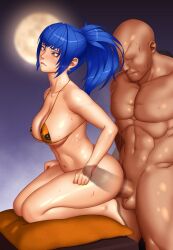 1boy 1girls ass barely_clothed big_breasts big_penis blue_eyes blue_hair blush bottomless bra breasts earrings female female_focus hips ikari_warriors king_of_fighters leona_heidern long_hair on_knees penetration penis ponytail sex shiory snk straight sweat x-ray