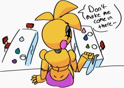 animatronic bananalizard bib big_ass big_butt five_nights_at_freddy's five_nights_at_freddy's_2 monologue presenting simple_background tagme text_bubble topless toy_chica_(fnaf)