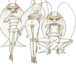 2022 anthro anus arthropod ass breasts crouching female front_view genitals hexanne hi_res insects leaning leaning_forward looking_aside looking_at_viewer nintendo nipples pheromosa pokémon_(species) pokemon pokemon_(species) presenting presenting_hindquarters purple_eyes pussy rear_view simple_background solo standing ultra_beast video_games white_background white_body yellow_anus