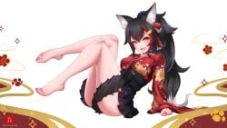 1girls 2d 2d_(artwork) animal_ear_fluff animal_ears animal_tail ass bare_legs bare_thighs barefoot black_hair choker dr-alu female female_focus female_only fingernails hololive hololive_gamers hololive_japan japanese_clothes looking_at_viewer nail_polish ookami_mio pink_nails short_hair simple_background skirt solo solo_female solo_focus tail thick_thighs toenail_polish toenails upskirt very_long_hair virtual_youtuber wolf_ears wolf_girl wolf_tail yellow_eyes