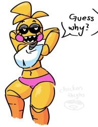 1girls animatronic bananalizard bib big_thighs black_eyes curvy five_nights_at_freddy's five_nights_at_freddy's_2 heart-shaped_pupils heart_eyes huge_thighs joke panties pink_panties tagme text text_bubble toy_chica_(fnaf)