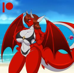 1girls 2022 anthro beach big_tail bikini breasts cleavage dragon female female_only furry horns huge_breasts long_hair mastergodai original original_character red_body red_eyes scalie solo swimsuit tail taralyn thick_thighs voluptuous wide_hips wings