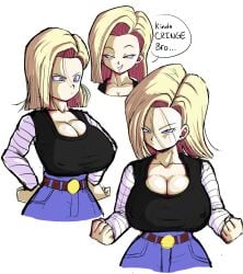 1girls android_18 big_breasts blonde_hair blue_eyes breasts cyborg dialogue dragon_ball dragon_ball_super dragon_ball_z earrings erect_nipples erect_nipples_under_clothes female female_only fully_clothed huge_breasts large_breasts light-skinned_female light_skin nipples pseudocel shounen_jump smug_face solo solo_female speech_bubble tight_shirt top_heavy