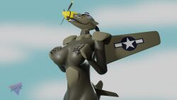 16:9 3d_(artwork) aircraft amber_eyes anthro armor breasts digital_media_(artwork) female green_body green_skin hi_res humanoid living_aircraft living_machine living_vehicle machine metropex nipples p-51_mustang propeller pupils sally sharp_teeth slit_pupils solo teeth vehicle widescreen wings