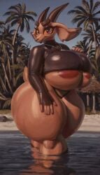 2d_looking_like_3d absurd_res anthro areola big_breasts bovid breasts caprine clothing female fur goat hi_res huge_breasts hyper_bimbo mammal palm_tree panties patacon plant solo thick_thighs tree underwear water