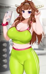 alternate_breast_size bra breasts brown_hair calling cellphone collarbone cowboy_shot double_bun exercise_machine eyebrows_visible_through_hair female green_bra green_legwear green_sports_bra gym hair_between_eyes hairband headgear highres holding holding_phone indoors kantai_collection kongou_(kantai_collection) kusaka_souji large_breasts leggings long_hair looking_at_phone pants phone purple_eyes smartphone solo sports_bra sportswear stomach underwear weights yoga_pants