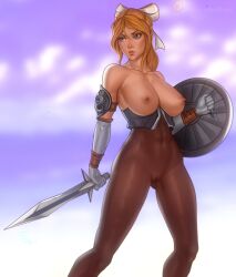 1girls 2020 abs areolae big_breasts blonde_hair blue_eyes breasts cassandra_alexandra elbow_pads freli nipples no_panties no_panties_under_pantyhose pantyhose shield solo soul_calibur sword topless