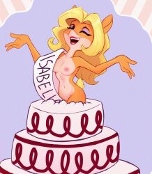 anthro areolae blonde_hair breasts cake cake_stripper closed_eyes crash_bandicoot_(series) crash_team_racing_(series) eyeshadow female female_only fur furry isabella_bandicoot jumping_out_of_a_cake long_blonde_hair long_hair magaska19 naughty_dog navel nipples nude nude_anthro nude_female open_mouth popping_out_of_cake sash smile solo