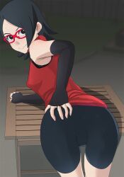 1girls arched_back arm_warmers armwear aruman ass_focus ass_grab bent_over bent_over_table bike_shorts black_eyes black_hair boruto:_naruto_next_generations clothed clothing dat_ass erect_nipples erect_nipples_under_clothes female female_focus female_only fully_clothed glasses hand_on_ass looking_at_viewer looking_back naruto naruto_(series) nipple_bulge outdoors outside perky_breasts petite presenting_ass sarada_uchiha short_hair shorts shounen_jump small_breasts smile smiling solo solo_female solo_focus spread_ass spread_ass_under_clothes thighs tight_clothing tight_pants voluptuous