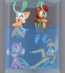 4girls amy_rose animal_ears artist_signature belt blue_eyes boots breasts bunnie_rabbot cameltoe female female_focus gevind gloves green_eyes multiple_girls naked nipples nude pussy rouge_the_bat sally_acorn sega sonic_(series) sonic_the_hedgehog_(archie) sonic_the_hedgehog_(series) submerged tentacle underwater water