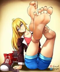 barefoot blonde_hair crossed_feet crossed_legs feet feet_up foot_fetish foot_focus legs lewdsaiga long_hair nail_polish nails oc original_character red_nail_polish red_nails shoes shoes_removed shorts socks socks_and_shoes socks_removed soles spread_toes thighs toes