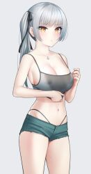 alternate_breast_size anchor_necklace bangs bare_shoulders blush breasts cleavage collarbone crop_top female female_only fully_clothed green_shorts grey_camisole grey_hair hair_ribbon highleg highleg_panties jewelry kantai_collection kanzaki_muyu kasumi_(kantai_collection) large_breasts long_hair looking_at_viewer midriff navel necklace older panties revealing_clothes ribbon ring short_shorts shorts side_ponytail silver_hair skimpy_clothes solo sweat thighs thong_straps underwear wedding_band wet yellow_eyes