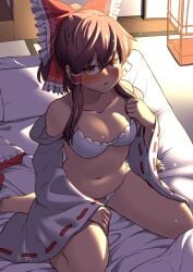 barefoot blush bow bra breasts brown_eyes brown_hair detached_sleeves feet from_above fuuzasa hairbow lingerie looking_at_viewer navel panties reimu_hakurei thighs toes touhou urazasa wariza white_bra white_panties