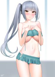 alternate_breast_size aqua_bikini areola_slip areolae bangs bikini black_ribbon blunt_bangs breasts collarbone dated eyebrows_visible_through_hair female frilled_bikini frills grey_hair hair_ribbon highres jewelry kantai_collection kanzaki_muyu kasumi_(kantai_collection) large_breasts long_hair looking_at_viewer navel ribbon ring side_ponytail solo standing swimsuit thighs yellow_eyes