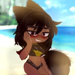 abs beach bikini black_hair blush blushing cute dark-skinned_female ears_up fluffy_ears fluffy_tail gacha gacha_club gacha_life red_eyes sexy_beach wolf_girl