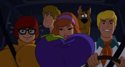 daphne_blake fred_jones glasses hanna-barbera headband huge_breasts hyper_breasts massive_breasts mystery_machine nipple_bulge pokies scooby-doo scooby-doo_(character) screenshot_edit seductive_look shaggy_rogers shoulder_to_shoulder sweat sweatdrop sweating velma_dinkley woot