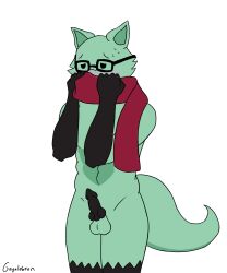 abs anthro balls blush embarrassed furry glasses hips mint_mobile minty_(mint_mobile) penis scarf solo sweat sweatdrop thighs