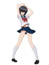 2012 armpits black_hair blue_eyes color digital_media_(artwork) female full_body hi_res high_resolution knee_socks kneehighs kneesocks loafers nazo_no_kanojo_x school_uniform short_hair simple_background skirt socks solo takahirokun upskirt urabe_mikoto white_background white_socks