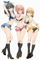 3girls :> :o absurdres armpits arms_up ass bangs bare_legs belly bent_over black_bra black_hair black_panties blue_bra blue_eyes blue_skirt blush bra bra_cups_sticking_out breasts brown_hair cleavage collarbone colored_skin front-tie_top glasses hair_between_eyes hair_bun heels high_heels highres isshiki_iroha large_breasts loafers long_hair looking_at_viewer looking_back medium_hair multiple_girls my_teen_romantic_comedy_snafu navel necktie official_art one_eye_closed open_mouth orange_eyes orange_hair panties pink_bra pink_skirt promotional_art ribbon shoes skirt small_breasts smile socks striped striped_skirt teeth thighs tied_hair tongue underwear white_background white_skin wink yellow_eyes yellow_skirt yuigahama_yui yukinoshita_yukino