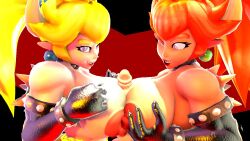 1boy 2girls 3d 3d_(artwork) armlet bare_shoulders bbqyay big_breasts big_nipples blonde_hair blue_earrings blue_eyes boobjob bowsette bracelet breasts breasts_to_breasts collar dark-skinned_female dark_skin double_paizuri duo earrings elbow_gloves female female_focus foreskin gloves green_earrings hands_on_breasts horns humanoid light-skinned_female light-skinned_male light_skin lips lipstick long_hair male mario_(series) mature mature_female naked naked_gloves new_super_mario_bros._u_deluxe nintendo nipples nude paizuri penis penis_between_breasts pink_lips pointy_ears ponytail red_bowsette red_eyes red_hair red_lips red_lipstick sharp_teeth shell spiked_armlet spiked_bracelet spiked_collar spiked_shell square_crossover teeth thick_eyebrows tied_hair titjob topless uncircumcised upper_body