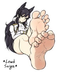 1girls atago_(azur_lane) azur_lane bare_legs black_hair crossed_feet dog_ears feet feet_together female foot_fetish foot_focus legs lewdsaiga long_hair scrunched_toes soles solo_female thighs tied_hair toenails toes wrinkled_feet