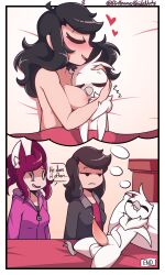 1girls 2022 aiko_(giidenuts) bed black_hair blanket breast_press catgirl closed_eyes comic cuddling dreaming dyllzone giidenuts larger_female laying_on_bed maddie_(dyllzone) mob_face nipple page_8 precum_drip riley_(giidenuts) size_difference sleeping smaller_male unimpressed