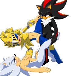 anal anthro armor balls barefoot bodily_fluids cum cum_on_penis feet genital_fluids genitals group hi_res leg_over_shoulder male male/male nude penis sega shadow_the_hedgehog sonadow sonic_(series) sonic_the_hedgehog sonic_the_hedgehog_(series) tailverknk trio