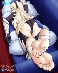 1girls arm_up armor armored_dress artist_logo ass ass_focus barefoot big_ass black_hairband black_nail_polish black_nails black_panties black_thighhighs blonde_female blonde_hair commentary corrin_(female)_(fire_emblem) corrin_(fire_emblem) corrin_(fire_emblem)_(female) couch crossed_feet english_commentary eyelashes feet feet_up female female_only fire_emblem fire_emblem_fates foot_fetish foot_focus foot_worship foreshortening full_body hair_between_eyes hairband indoors lewdsaiga long_hair lying nail_polish nintendo on_stomach paid_reward_available panties patreon_logo pillow pixiv_logo pointy_ears sidelocks sleeping soles solo stirrup_legwear stone thighhighs toeless_legwear toenail_polish toenails toes underwear weapon white_hair zzz