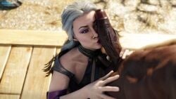 1boy 1girls 3d big_penis blowjob dark-skinned_male dark_skin eye_contact fellatio highres interracial kiss_mark kissing kissing_penis kneeling lipstick_mark milf mortal_kombat mortal_kombat_11 oral partial_male penis penis_on_face sfmlover22 sindel white_hair