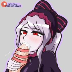 1boy 1girls blowjob cum cum_in_mouth fellatio kriewald long_tongue oral overlord_(maruyama) red_eyes shalltear_bloodfallen tongue_around_penis tonguejob