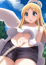 :o angel arisu_kazumi bar_censor bare_arms black_shorts blonde_hair blue_eyes blue_sky blush broken_halo censored clothes_pull cloud crimvael dress female halo ishuzoku_reviewers long_hair navel nose_blush open_mouth outdoors peeing shorts shorts_pull sky white_dress wings