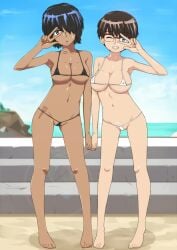 2012 2girls ayuko_oka barefoot beach bikini black_eyes blue_hair breasts brown_hair chocolate_and_vanilla cloud color dark_skin day digital_media_(artwork) erect_nipples erect_nipples_under_clothes feet female female_only glasses green_eyes grin hair_over_one_eye holding_hands ichihisa large_breasts lowres megane micro_bikini midriff multiple_girls navel nazo_no_kanojo_x nipples ocean one_eye_closed outdoors over-rim_eyewear over-rim_glasses semi-rimless_eyewear semi-rimless_glasses short_black_hair short_brown_hair short_dark_hair short_hair sky smile swimsuit tanlines tanned urabe_mikoto v v_over_eye very_short_hair water wink