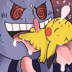 bodily_fluids cum drooling duo ejaculation erect_while_sleeping feral flaccid_penis foxvomitarts gengar genital_fluids hi_res male male/male nintendo orgasm penis_size_difference pikachu pokémon_(species) pokemon saliva sex sleep_sex sleeping tongue_out video_games vore