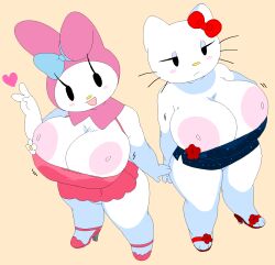 2girls big_breasts breasts dream-cassette dress female hello_kitty hello_kitty_(character) hello_kitty_(series) hoshime huge_breasts kitty_white mob_face multiple_girls my_melody onegai_my_melody sanrio shortstack