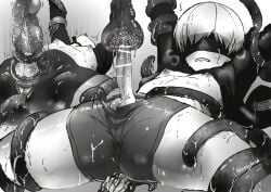 1boy balls blindfold erect_penis erection femboy light-skinned_male light_skin male male_focus male_only nier nier:_automata penis tarakoutibiru tentacle tentacle_sex testicles trap white_hair yorha_9s