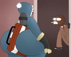 1boy 1girls ass between_buttocks briefcase cigarette cigarette_in_mouth female female_focus fempyro gas_mask gloves hips holding_object_between_buttocks hoodie hyper_ass intel_(team_fortress_2) knife large_ass male mask peaking pyro_(team_fortress_2) spy_(team_fortress_2) suit team_fortress_2 terebision thick_thighs thighs tie valve wide_hips