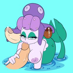 1boy 1girls cala_maria cuphead_(game) eye_contact fellatio handjob looking_at_viewer monamania oral paizuri pubic_hair seductive_look sweet_dandy sweetdandy tentacle_hair