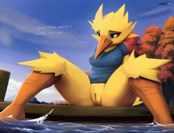 anthro clothed clothing female genitals hi_res nopetrol pokémon_(species) pokemon pussy text zapdos