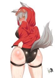 1girls :o absurdres after_sex after_spanking animal_ears arknights ass big_ass black_swimsuit blush breasts cameltoe chibi clothed commentary cowboy_shot cum cum_in_clothes cum_in_pussy cum_wearing cumdrip_through_clothes ears_through_headwear emotionless emotionless_female eyebrows_visible_through_hair female female_only from_behind hair_between_eyes half-closed_eyes hand_mark highres hood hood_up hooded_jacket indifferent jacket kal'tsit_(arknights) large_breasts leginfs_(ppppriver) light-skinned_female light_skin long_hair long_sleeves looking_at_viewer menacing_(jojo) mon3tr_(arknights) official_alternate_costume one-piece_swimsuit open_mouth projekt_red_(arknights) projekt_red_(light_breeze)_(arknights) red_jacket simple_background skindentation solo spanked standing sweatdrop swimsuit tail thigh_strap thighs visor_cap wet white_background wolf_ears wolf_girl wolf_tail yellow_eyes