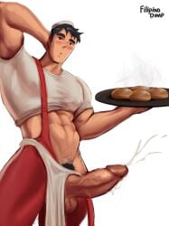 1boy abs apron apron_aside arm_up baker bakery balls bara beefy biceps big_balls big_nose big_pecs big_penis black_eyes black_hair body_hair brown_eyes buff busty chest_bulge clothed clothing cum cum_drip cum_dripping cum_shot cum_squirt cum_squirting cumdrip cumming cumshot ejaculation erection filipino_dump flexing forgotten_homo_crushes_2022 fukuo hand_behind_head himbo huge_balls huge_cock huge_pecs huge_penis human human_only kiki's_delivery_service light-skinned_male light_skin male male_chest male_focus male_nipples male_only muscle muscles muscular muscular_male muscular_thighs nipple_bulge nipples nipples_visible_through_clothing pecs pectoral_bulge pectorals penis pubic_hair red_apron red_pants solo solo_focus solo_male studio_ghibli teeth teeth_showing thick_eyebrows thick_penis thick_thighs toned toned_body toned_male veins veiny_penis