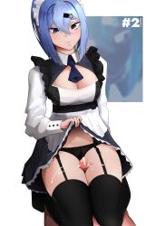 black_legwear blue_eyes blue_hair cum cum_on_body cum_on_penis cum_on_thighs ejaculation eyeliner garter_belt garter_straps lifting_skirt maid maid_apron maid_headdress maid_outfit maid_uniform male original penis saki_(theatko) tagme the_atko thick_thighs thigh_highs thigh_job thigh_sex thighs uncensored