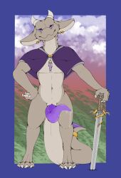 anthro aroused big_ears bodily_fluids claws countershading cowl crystal dripping genital_fluids genitals goo_creature hi_res jewelry kobold laika_(neshi) leaking_precum looking_at_viewer male melee_weapon neshi pantsless paws penis piercing precum precum_drip precum_string purple_eyes purple_goo purple_penis slit solo sword tapering_penis weapon