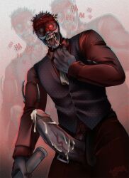 1boy big_penis clothing cum cum_on_penis dark-skinned_male dead_by_daylight herman_carter laughing looking_at_viewer male male_only penis_out pov red_eyes suit the_doctor the_doctor_(dead_by_daylight) tongue_out veiny_penis xen0fiendz