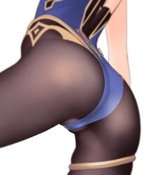 ass ass_focus black_legwear blurry bodystocking close-up depth_of_field female genshin_impact highleg highleg_leotard kanzaki_muyu leotard mona_(genshin_impact) pantyhose simple_background solo thighlet white_background