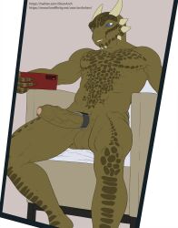 accessory anthro archshen argonian balls bethesda_softworks blue_eyes chin_spikes clock erection facial_spikes foreskin genitals hi_res horn humanoid_genitalia humanoid_penis male male_only mirror mirror_selfie muscular muscular_male nude partially_retracted_foreskin penis penis_accessory phone presenting presenting_penis scalie selfie shen_(archshen) sitting solo spikes spikes_(anatomy) the_elder_scrolls video_games watch