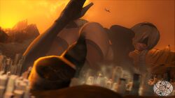 1girls 3d ass atomicsfm big_ass blindfold city female female_only giantess hairband light-skinned_female light_skin macro nier nier:_automata solo solo_female thighhighs white_hair yorha_2b
